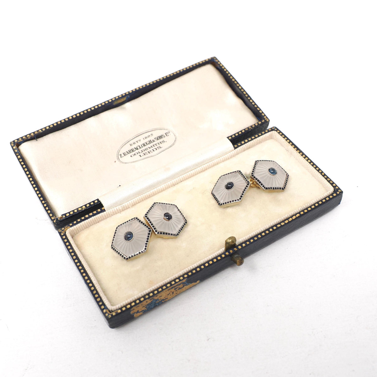 Art Deco Cufflinks - Antique 18k Yellow White Gold Matched Hexagonal Natural Sapphire Rock Crystal Quartz - Circa 1930s Fine Enamel Jewelry