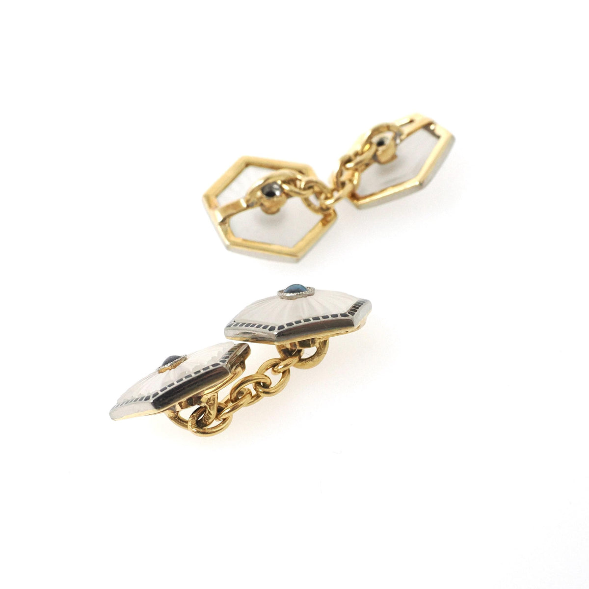 Art Deco Cufflinks - Antique 18k Yellow White Gold Matched Hexagonal Natural Sapphire Rock Crystal Quartz - Circa 1930s Fine Enamel Jewelry