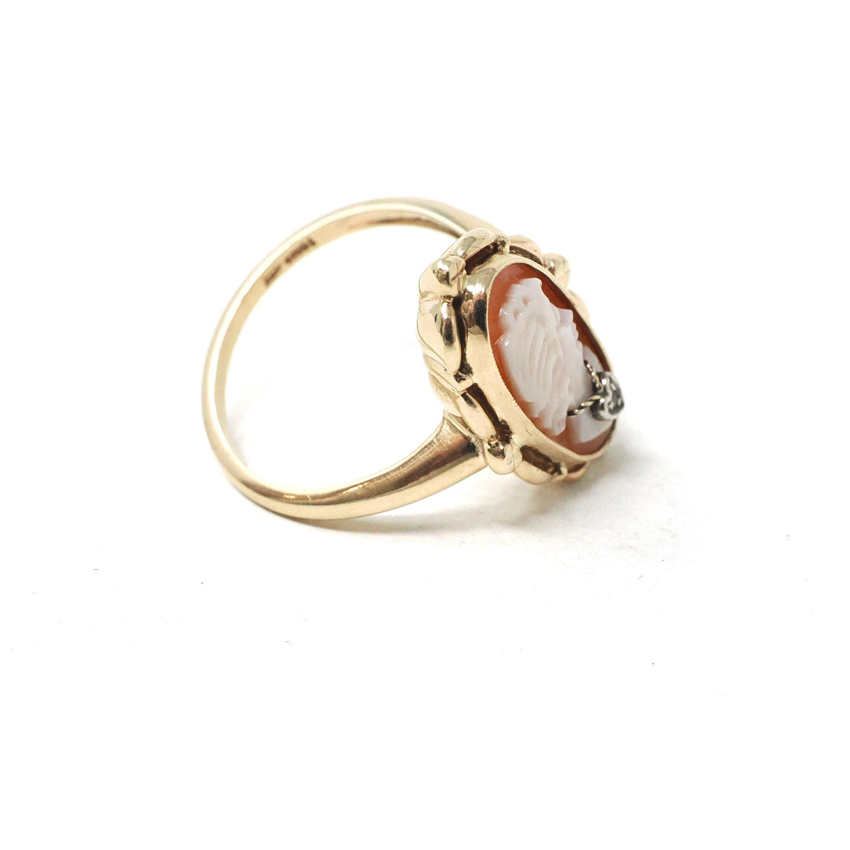 Vintage Cameo Habillé Ring - Mid Century 10k Yellow Gold & Natural Diamond - Circa 1950s Size 6.5 Carved Shell Ladies Portrait Fine Jewelry