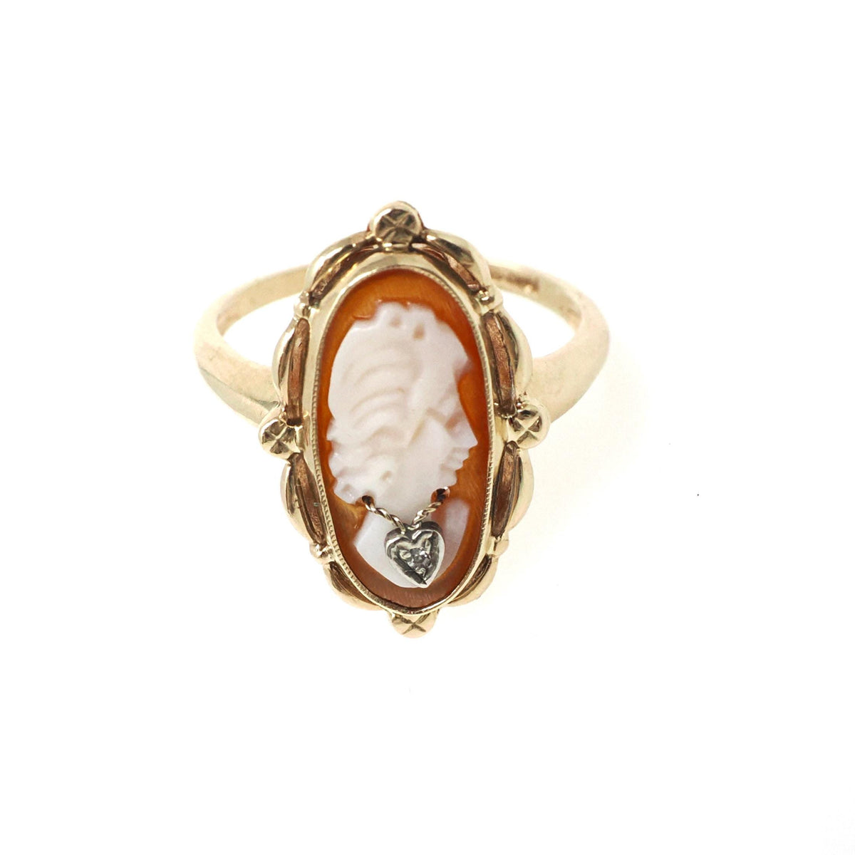 Vintage Cameo Habillé Ring - Mid Century 10k Yellow Gold & Natural Diamond - Circa 1950s Size 6.5 Carved Shell Ladies Portrait Fine Jewelry