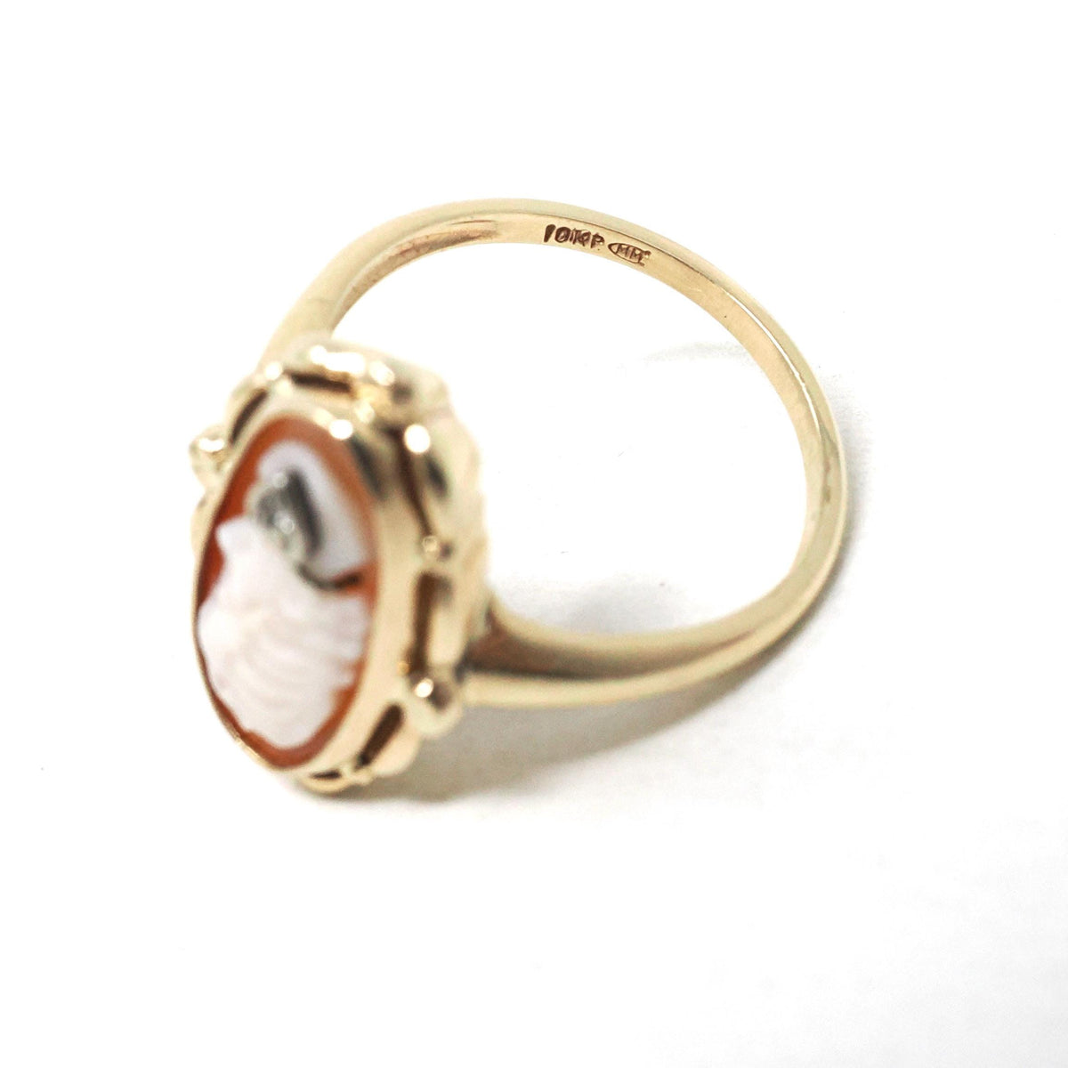 Vintage Cameo Habillé Ring - Mid Century 10k Yellow Gold & Natural Diamond - Circa 1950s Size 6.5 Carved Shell Ladies Portrait Fine Jewelry