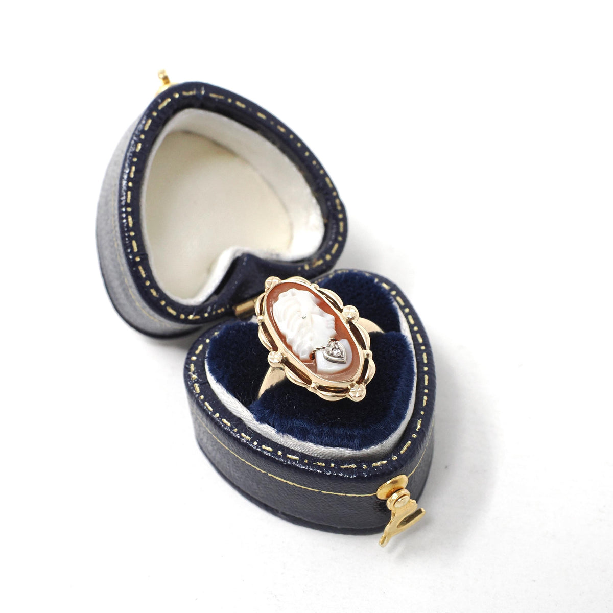 Vintage Cameo Habillé Ring - Mid Century 10k Yellow Gold & Natural Diamond - Circa 1950s Size 6.5 Carved Shell Ladies Portrait Fine Jewelry