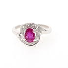 Ruby Halo Ring - Mid Century 14k White Gold Natural Diamond Bypass Engagement - Circa 1950s Era Size 6 1/4 July Birthstone Fine Jewelry