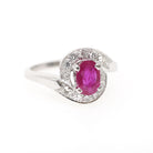 Ruby Halo Ring - Mid Century 14k White Gold Natural Diamond Bypass Engagement - Circa 1950s Era Size 6 1/4 July Birthstone Fine Jewelry