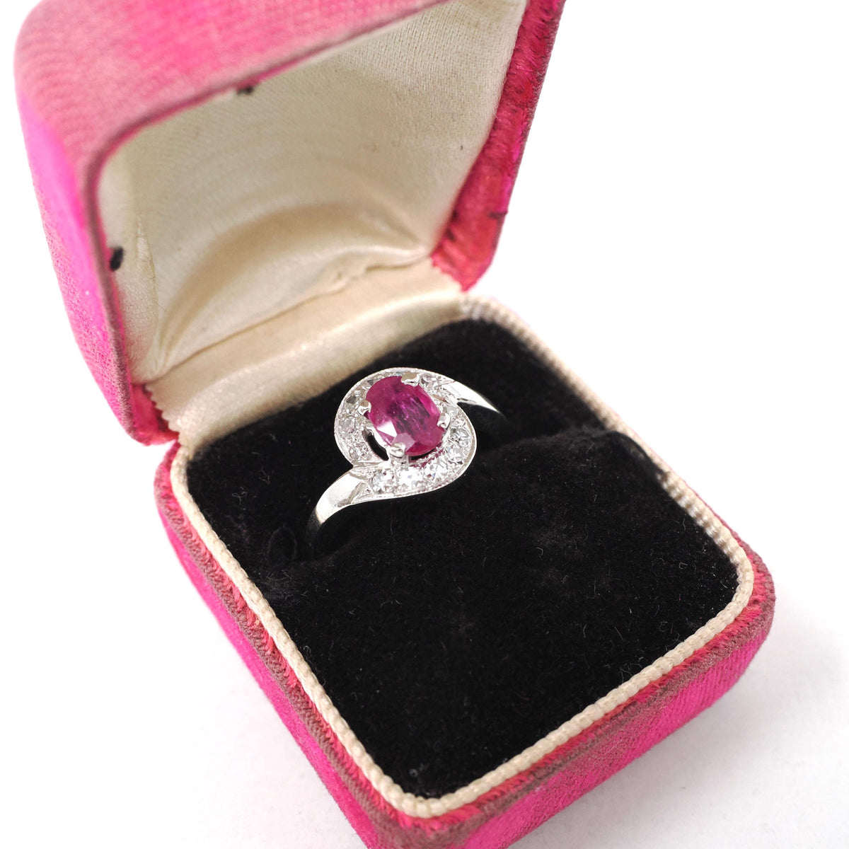 Ruby Halo Ring - Mid Century 14k White Gold Natural Diamond Bypass Engagement - Circa 1950s Era Size 6 1/4 July Birthstone Fine Jewelry