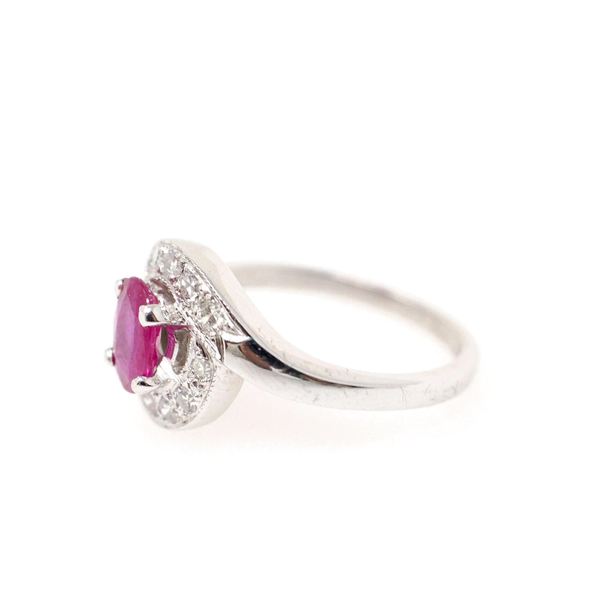 Ruby Halo Ring - Mid Century 14k White Gold Natural Diamond Bypass Engagement - Circa 1950s Era Size 6 1/4 July Birthstone Fine Jewelry