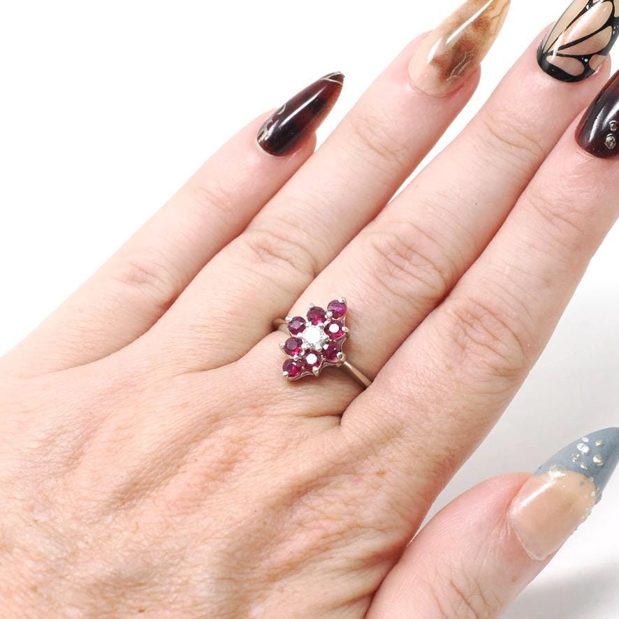 Ruby & Diamond Ring - 14k White Gold Natural Red Corundum Cluster Halo - Circa 2000s Size 5 1/4 Kite Navette Fine July Birthstone Jewelry