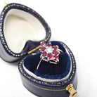 Ruby & Diamond Ring - 14k White Gold Natural Red Corundum Cluster Halo - Circa 2000s Size 5 1/4 Kite Navette Fine July Birthstone Jewelry