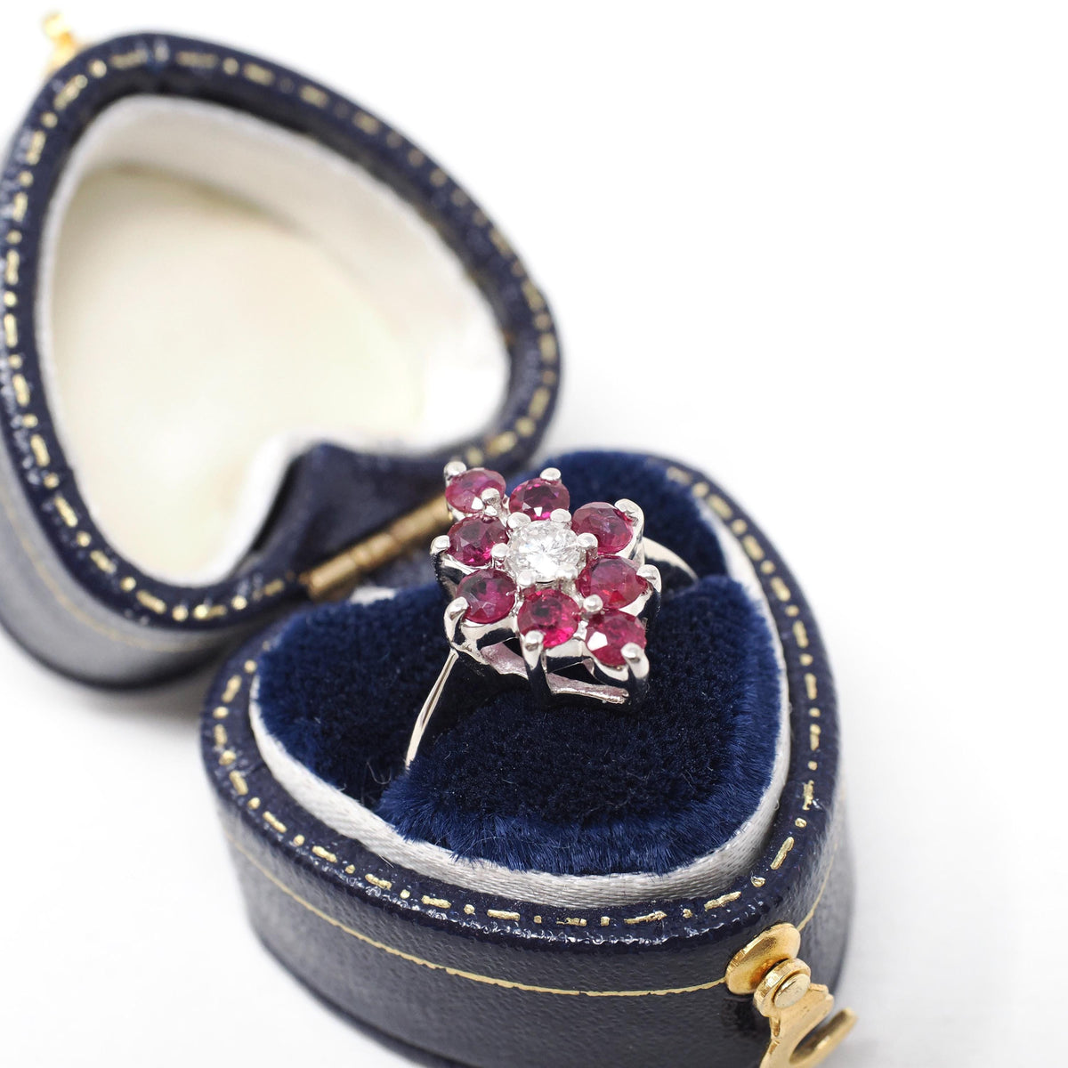 Ruby & Diamond Ring - 14k White Gold Natural Red Corundum Cluster Halo - Circa 2000s Size 5 1/4 Kite Navette Fine July Birthstone Jewelry