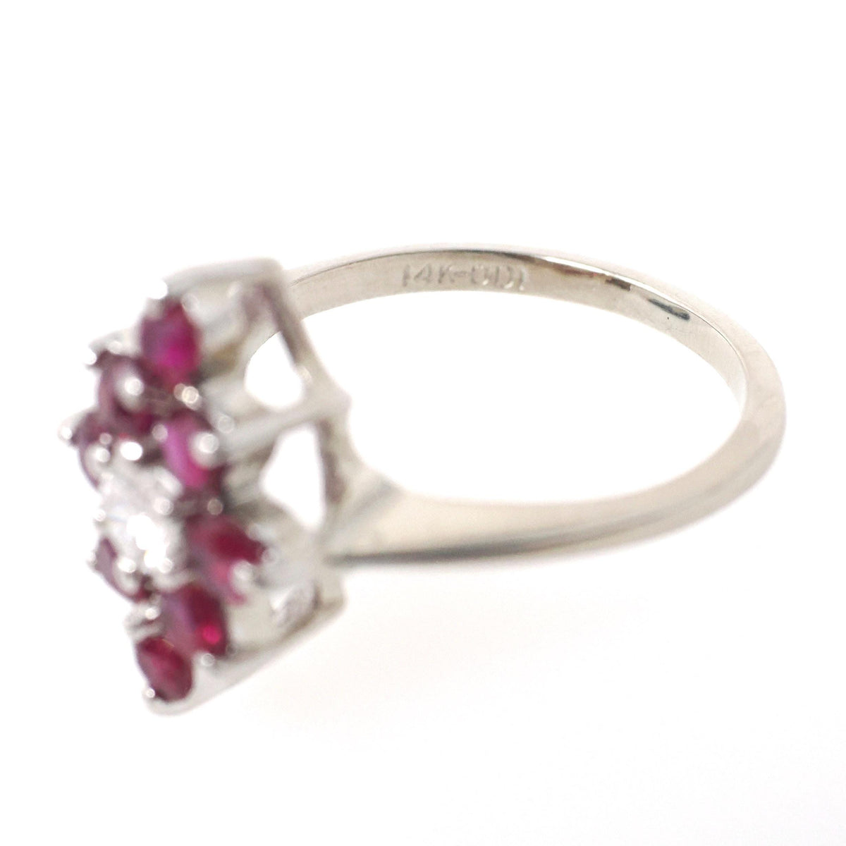 Ruby & Diamond Ring - 14k White Gold Natural Red Corundum Cluster Halo - Circa 2000s Size 5 1/4 Kite Navette Fine July Birthstone Jewelry