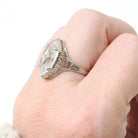 Camphor Glass Ring - Art Deco 18k White Gold Filigree Natural Diamond Statement - Vintage Circa 1930s Size 5 3/4 Marquise Fine 30s Jewelry