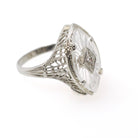Camphor Glass Ring - Art Deco 18k White Gold Filigree Natural Diamond Statement - Vintage Circa 1930s Size 5 3/4 Marquise Fine 30s Jewelry