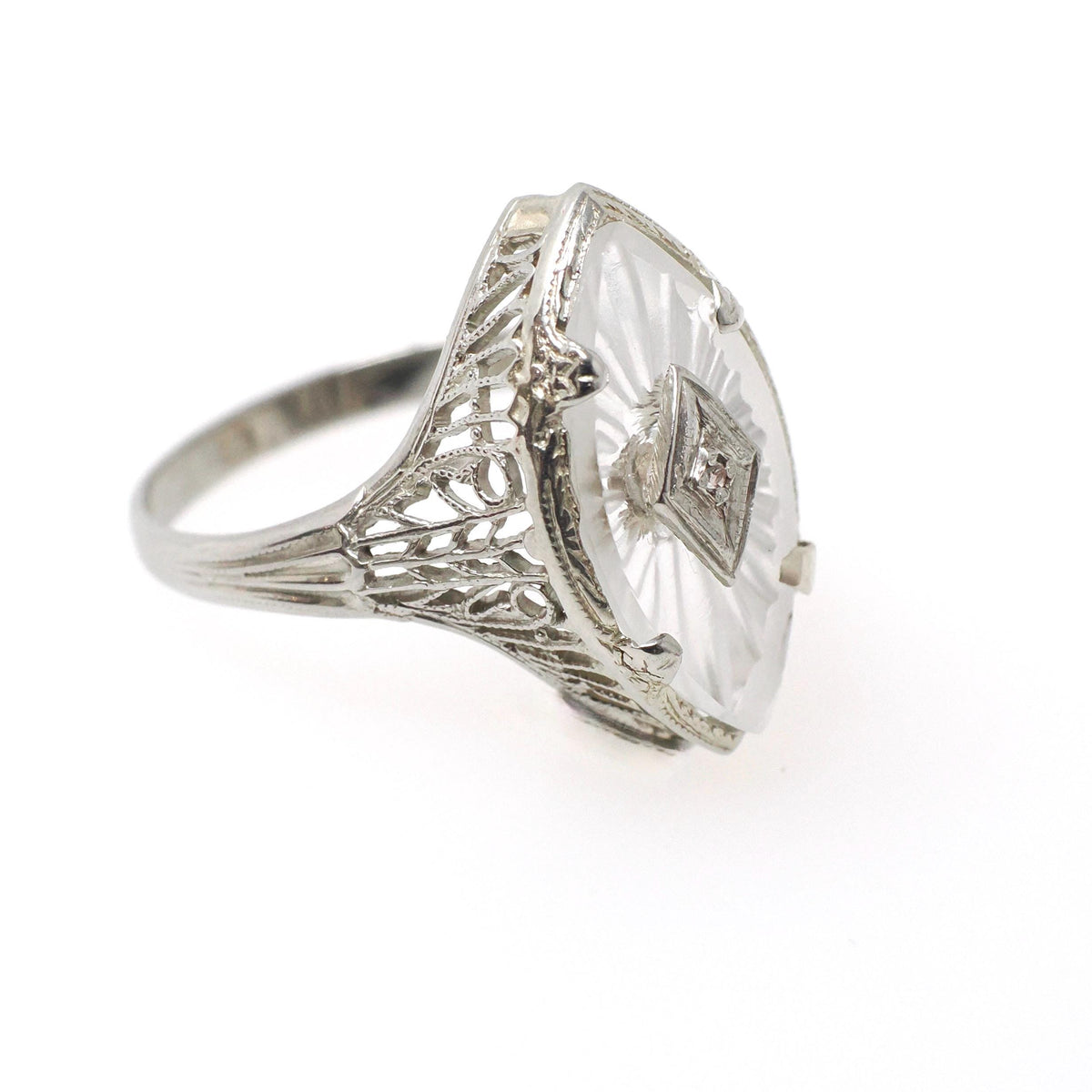 Camphor Glass Ring - Art Deco 18k White Gold Filigree Natural Diamond Statement - Vintage Circa 1930s Size 5 3/4 Marquise Fine 30s Jewelry