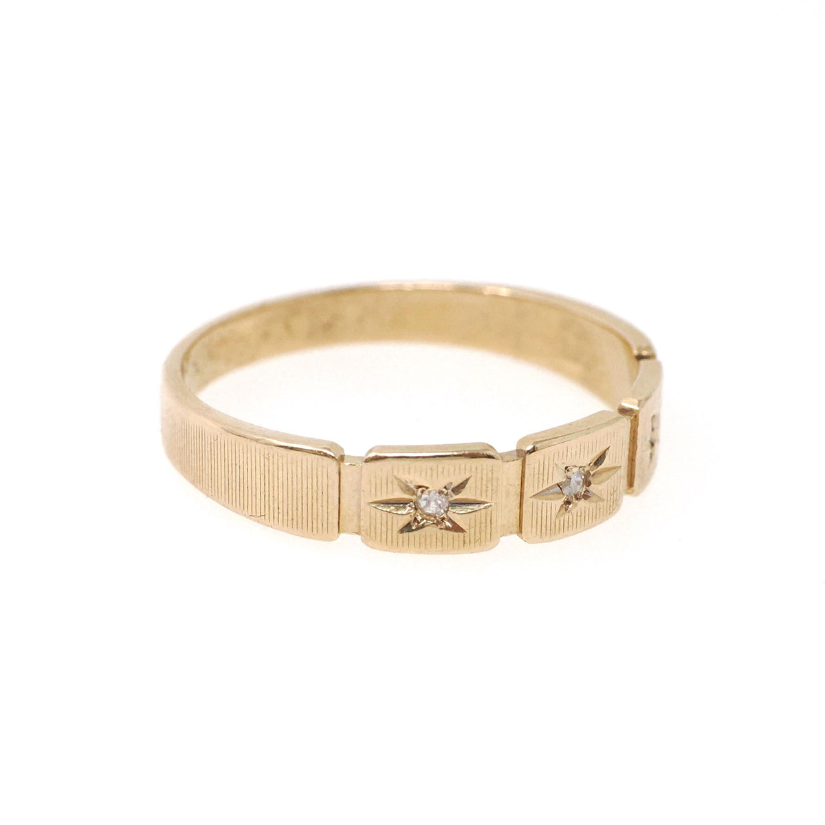 Star Diamond Band - Vintage 14k Yellow Gold .04 CTW Three Stone Celestial Ring - Circa 1960s Size 10 Modernist Bridal Wedding Fine Jewelry