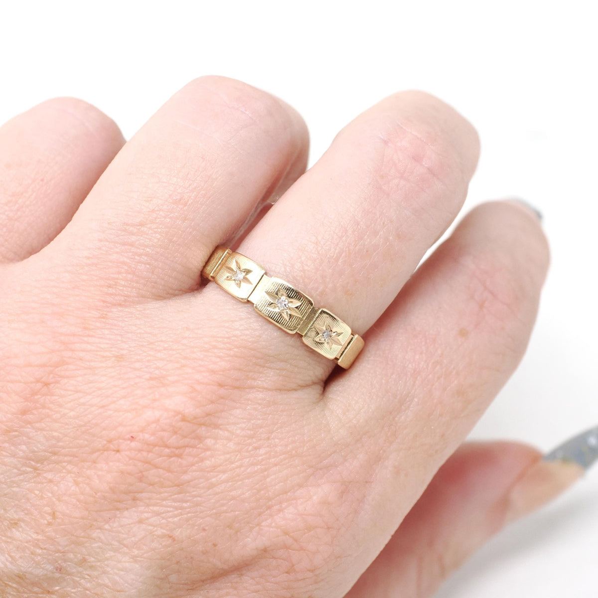 Star Diamond Band - Vintage 14k Yellow Gold .04 CTW Three Stone Celestial Ring - Circa 1960s Size 10 Modernist Bridal Wedding Fine Jewelry
