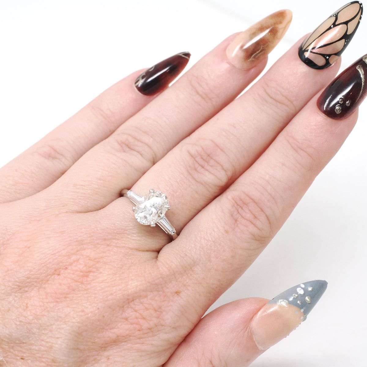 Vintage Engagement Ring - Mid Century Platinum Natural 2.24 CTW Oval & Baguette Diamonds - Circa 1960s Size 6.25 Fine Bridal Wedding Jewelry