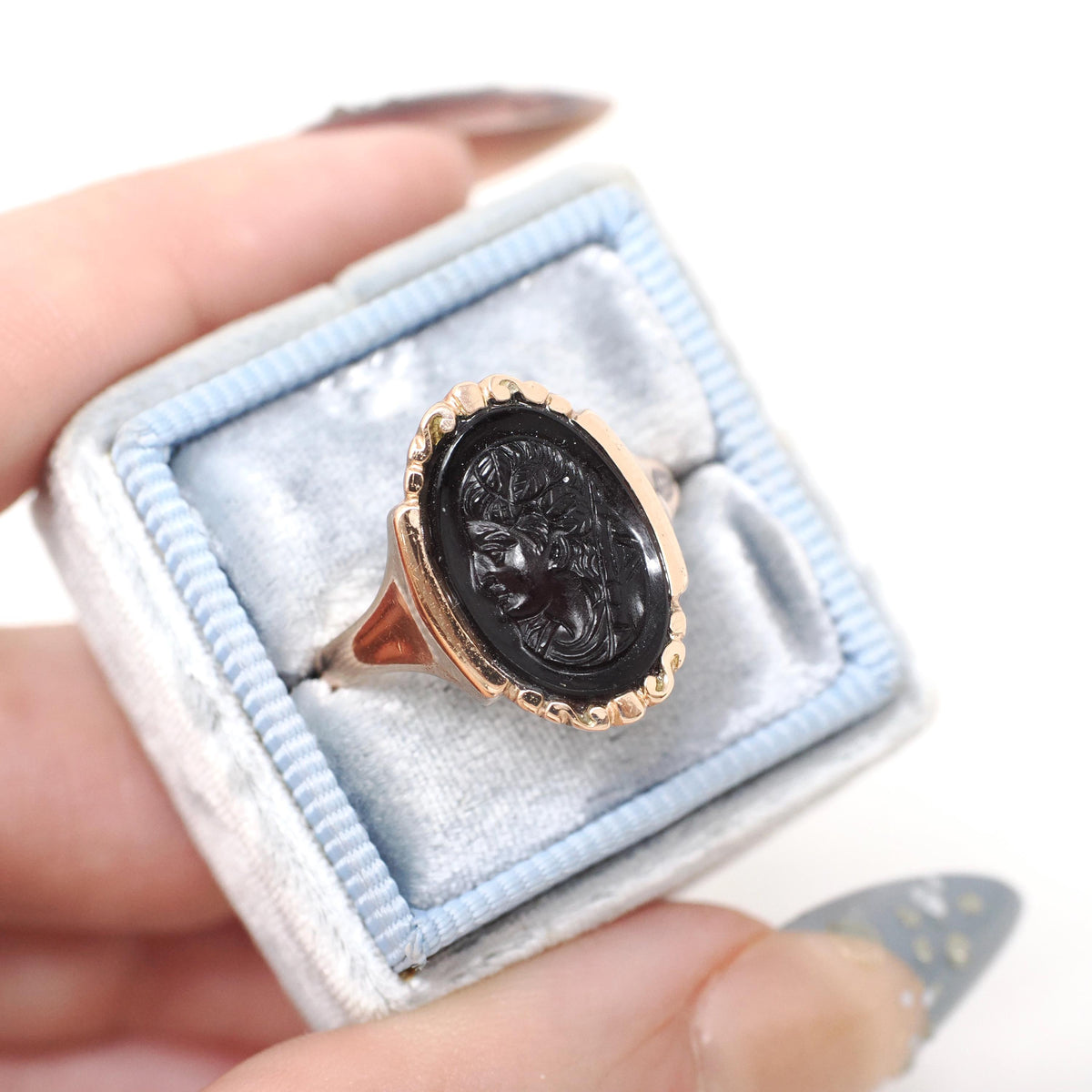 Antique Intaglio Ring - Victorian Era 10k Rosy Yellow Gold Carved Intaglio Dark Red Sard - Circa 1890s Size 7 Ladies Profile Fine Jewelry