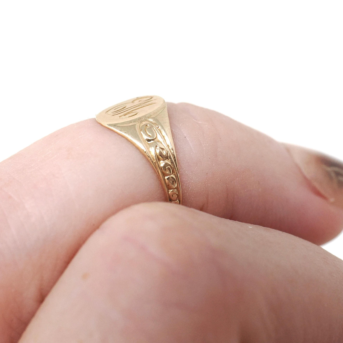Letters "EM" Ring - Retro 10k Yellow Gold Engraved Cursive Initials - Vintage Circa 1940s Era Size 1 3/4 Pinky Midi Fine OB Baby Jewelry