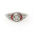 Deco Engagement Ring - Antique 14k White Gold Hexagonal .07CT Diamond Filigree Solitaire - Circa 1920s Size 5 1/4 Fine Enamel Detail Jewelry