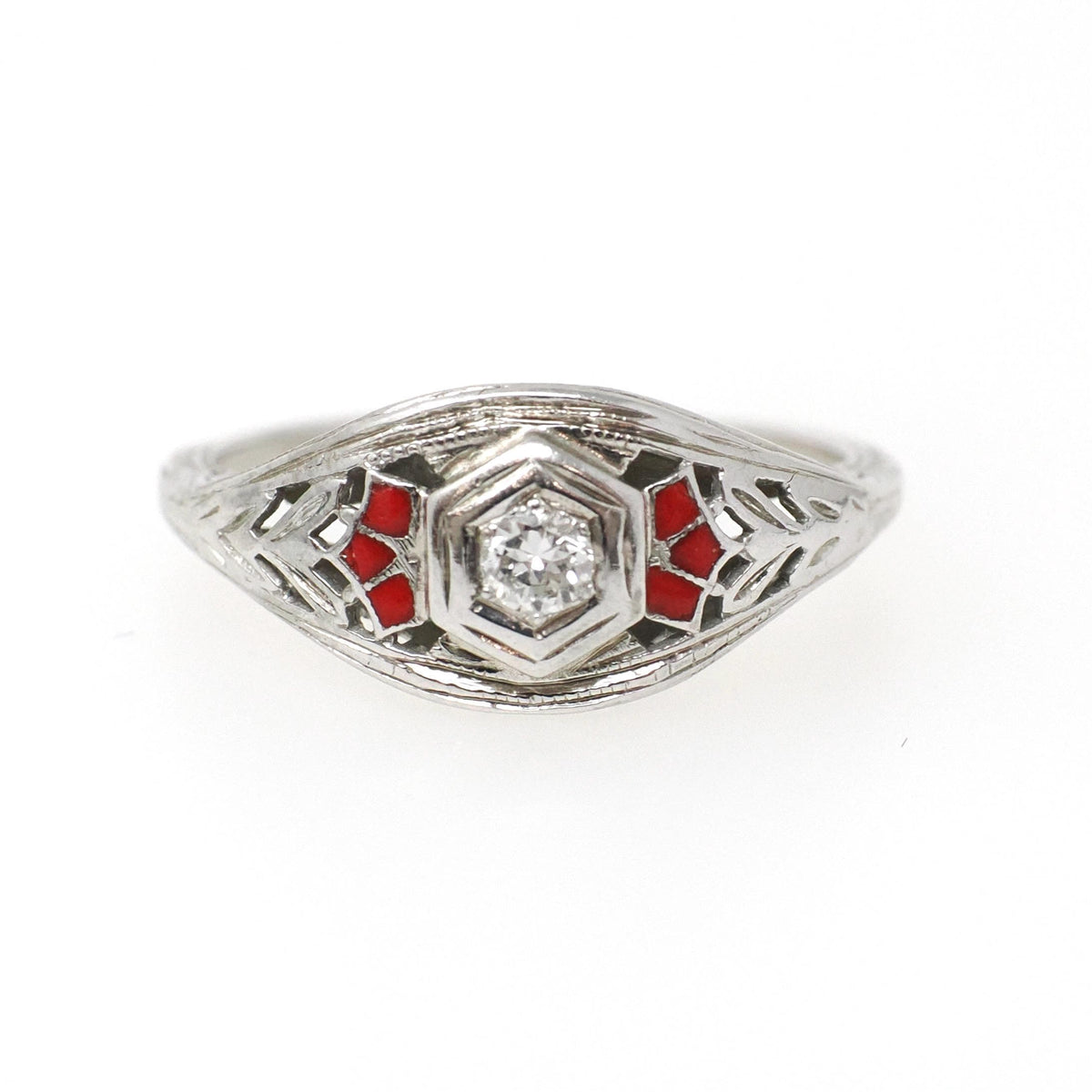 Deco Engagement Ring - Antique 14k White Gold Hexagonal .07CT Diamond Filigree Solitaire - Circa 1920s Size 5 1/4 Fine Enamel Detail Jewelry