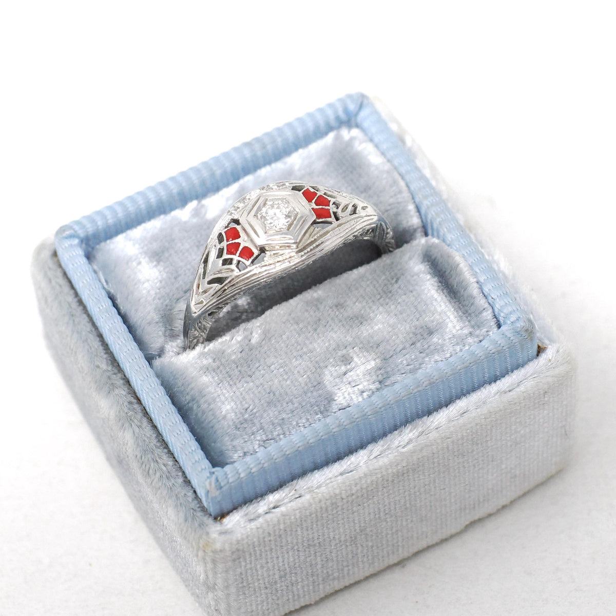 Deco Engagement Ring - Antique 14k White Gold Hexagonal .07CT Diamond Filigree Solitaire - Circa 1920s Size 5 1/4 Fine Enamel Detail Jewelry