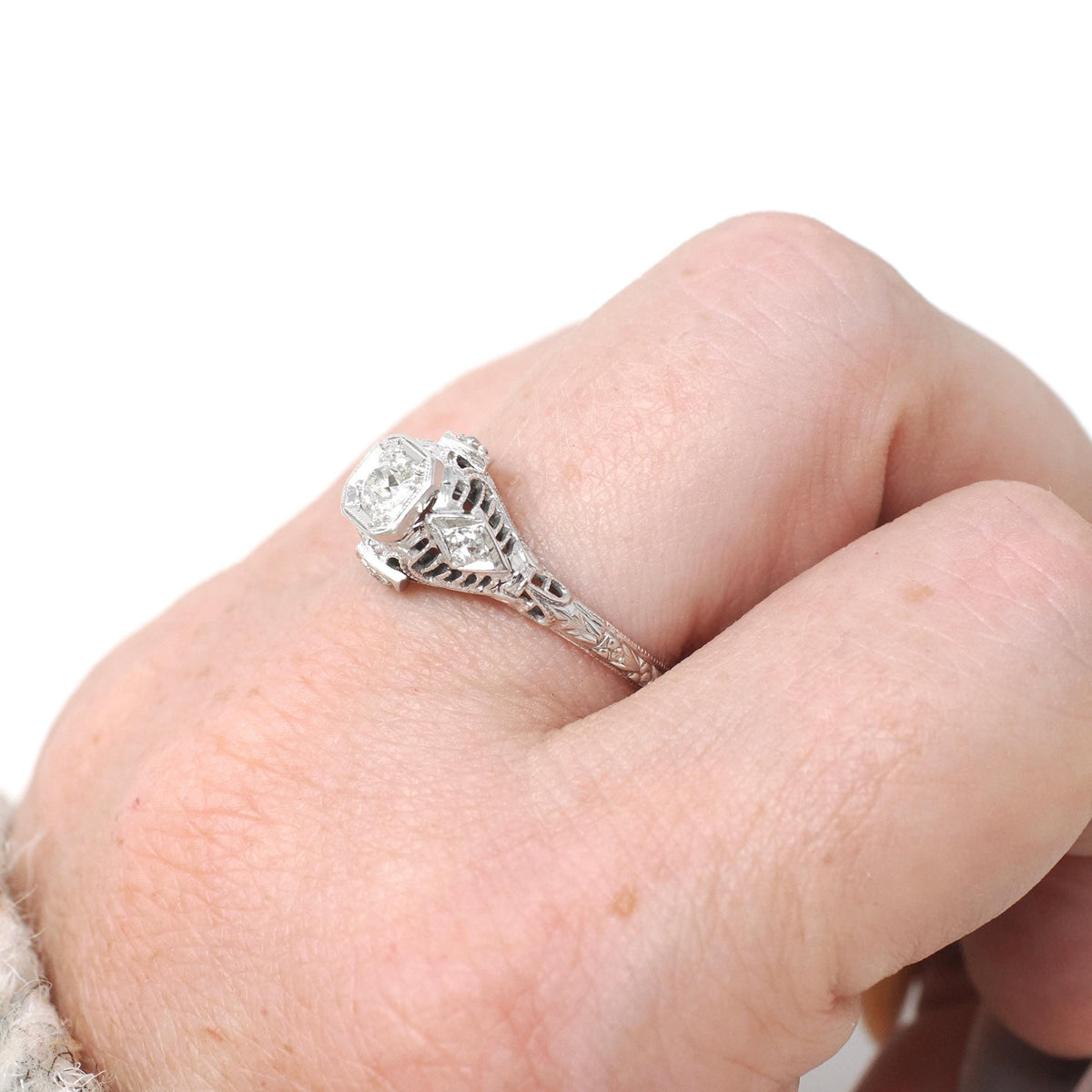 Art Deco Engagement Ring - Vintage 18k White Gold Filigree .38 CTW Old European Cut Diamond - Circa 1930s Era Size 6 3/4 Fine Floral Jewelry