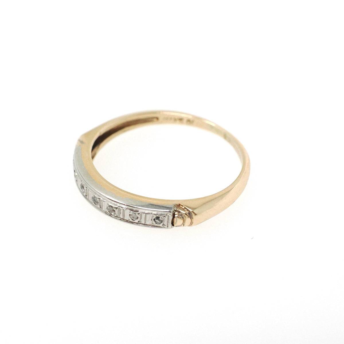 Diamond Wedding Band - Mid Century 14k Yellow & White Gold Rough Cut Gem Ring - Circa 1950s Size 4.5 Fine Two Tone Dainty Bridal Jewelry