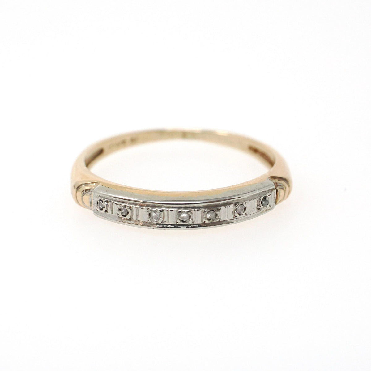 Diamond Wedding Band - Mid Century 14k Yellow & White Gold Rough Cut Gem Ring - Circa 1950s Size 4.5 Fine Two Tone Dainty Bridal Jewelry