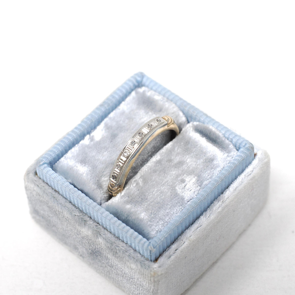 Diamond Wedding Band - Mid Century 14k Yellow & White Gold Rough Cut Gem Ring - Circa 1950s Size 4.5 Fine Two Tone Dainty Bridal Jewelry