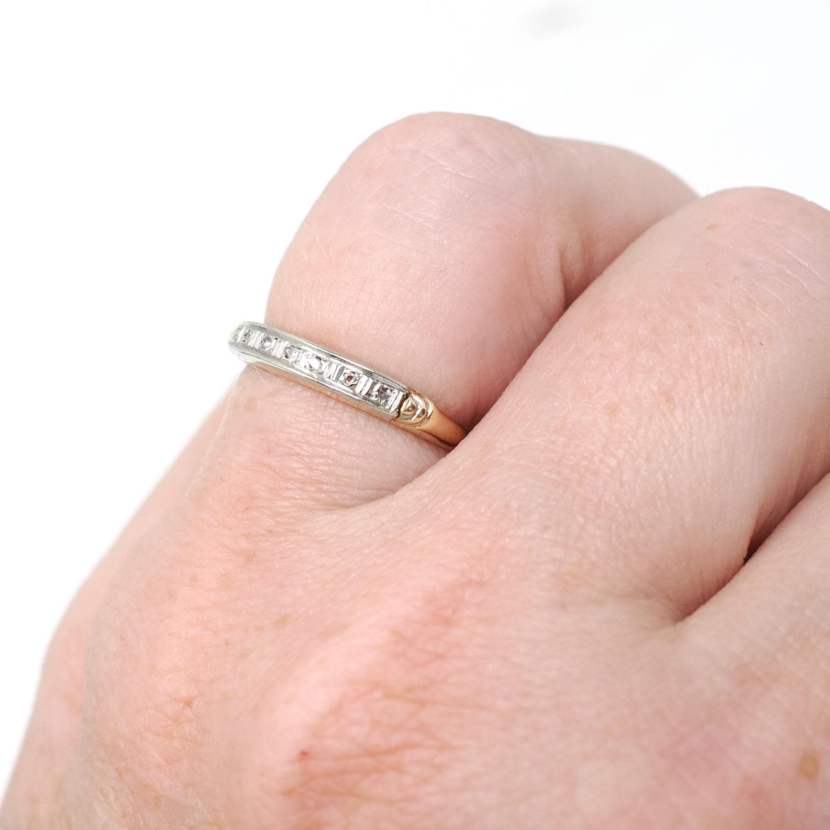 Diamond Wedding Band - Mid Century 14k Yellow & White Gold Rough Cut Gem Ring - Circa 1950s Size 4.5 Fine Two Tone Dainty Bridal Jewelry
