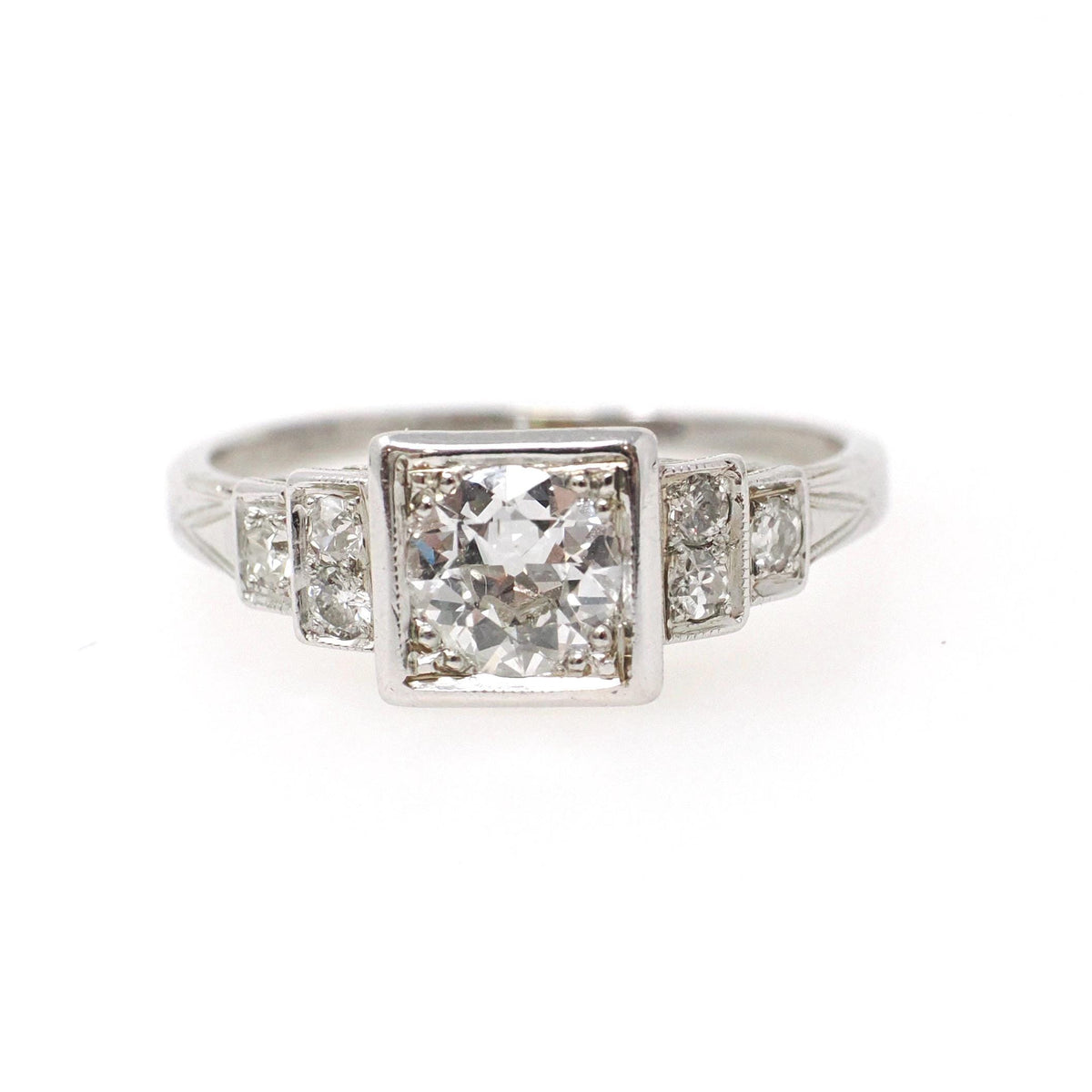 Art Deco Diamond Ring - Vintage 18k White Gold .62 CTW Old European Cut Engagement - Circa 1930s Era Size 6.5 Fine Geometric Bridal Jewelry