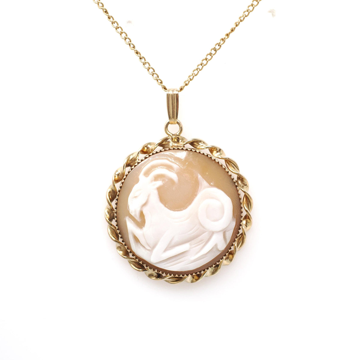 Aries Cameo Pendant - Mid Century Gold Filled Round Carved Shell Symbol Necklace - Circa 1960s Era Fine Zodiac Fashion Accessory Jewelry