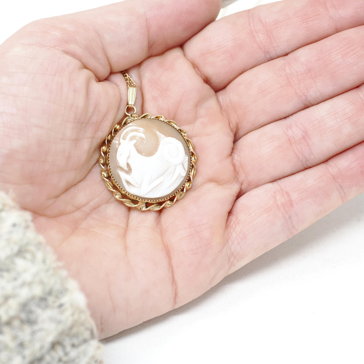 Aries Cameo Pendant - Mid Century Gold Filled Round Carved Shell Symbol Necklace - Circa 1960s Era Fine Zodiac Fashion Accessory Jewelry