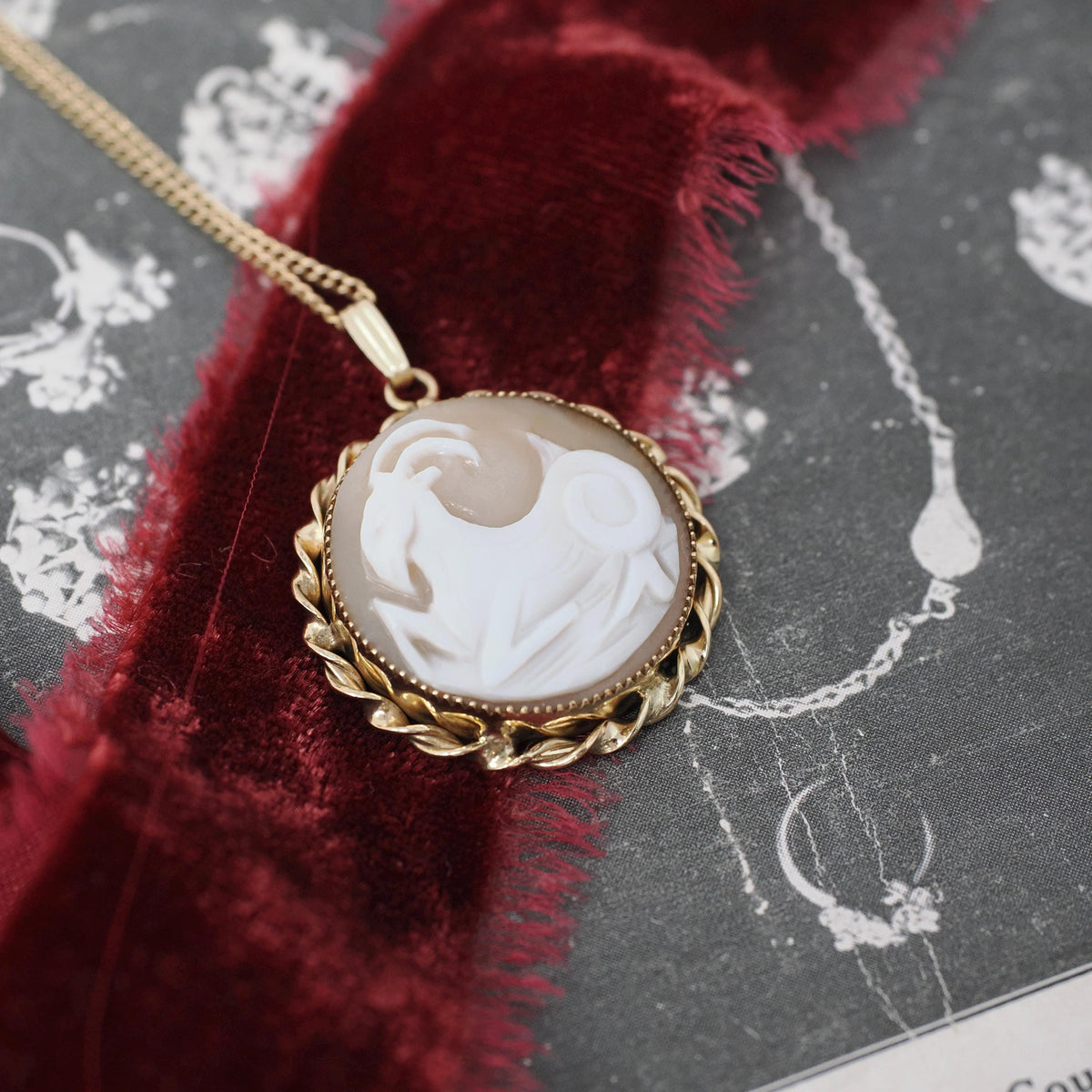 Aries Cameo Pendant - Mid Century Gold Filled Round Carved Shell Symbol Necklace - Circa 1960s Era Fine Zodiac Fashion Accessory Jewelry