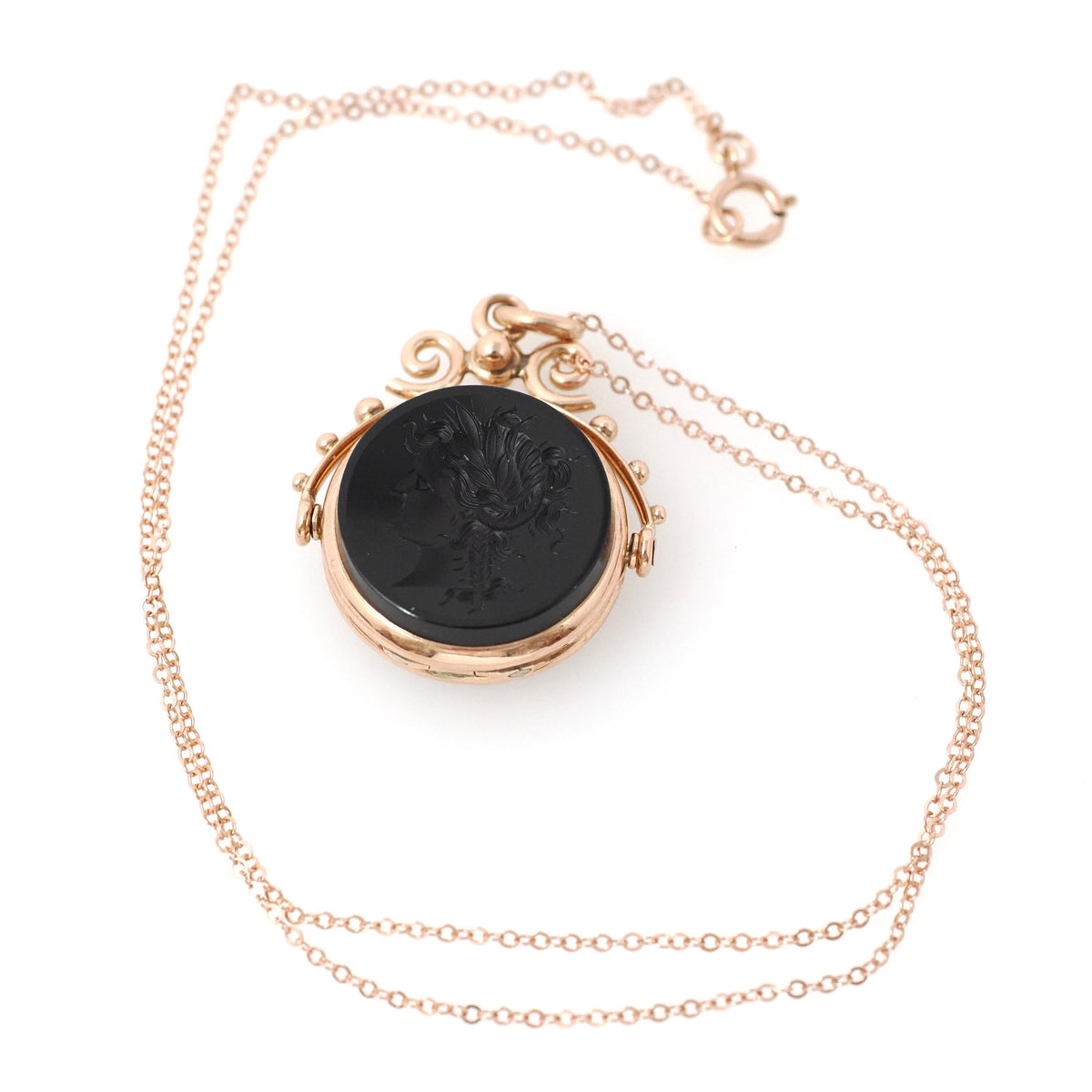 Antique Spinner Locket - Victorian 10k Rose Gold Black White Onyx Sard Carved Intaglio Fob Necklace - Circa 1890s Statement Fine Jewelry