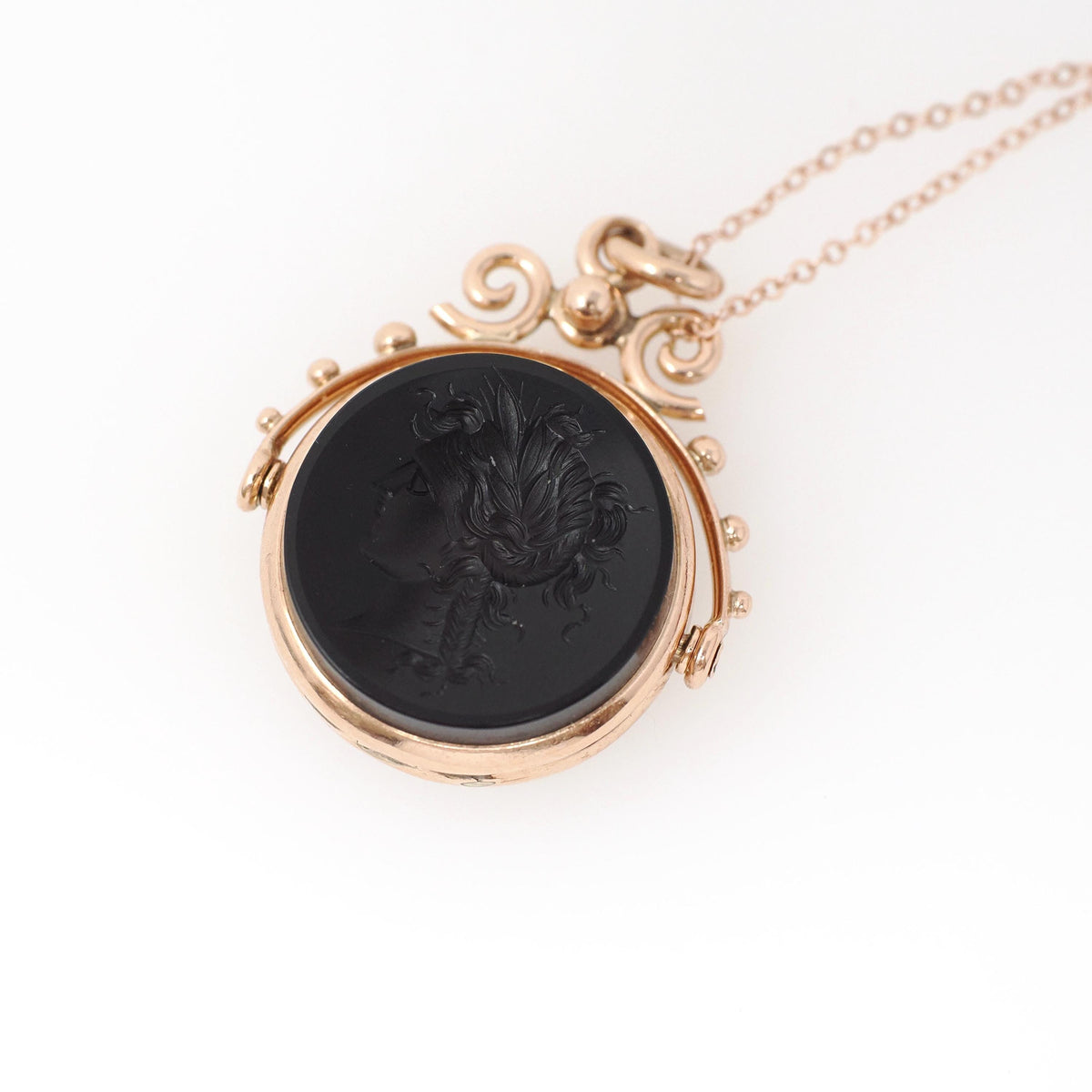 Antique Spinner Locket - Victorian 10k Rose Gold Black White Onyx Sard Carved Intaglio Fob Necklace - Circa 1890s Statement Fine Jewelry