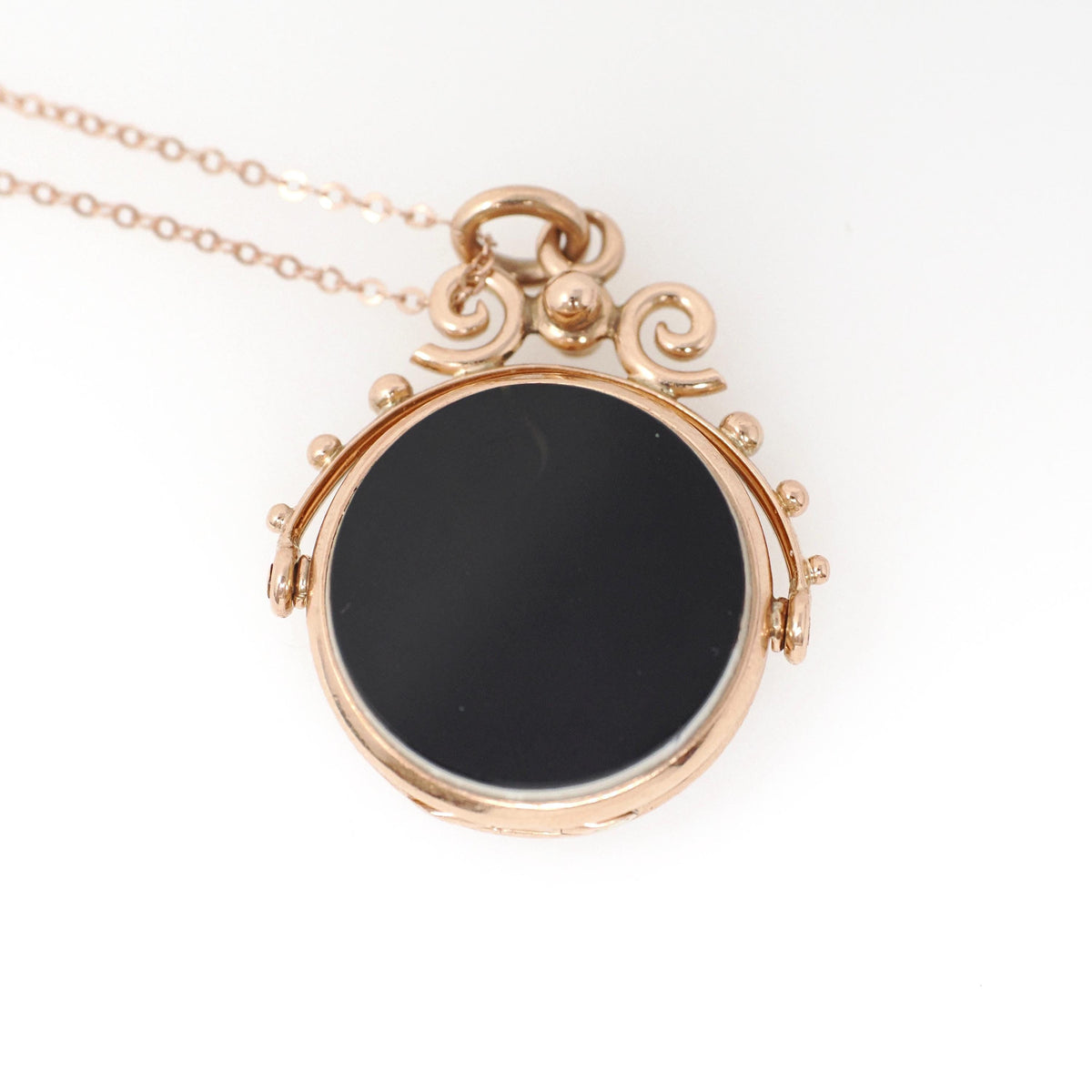 Antique Spinner Locket - Victorian 10k Rose Gold Black White Onyx Sard Carved Intaglio Fob Necklace - Circa 1890s Statement Fine Jewelry