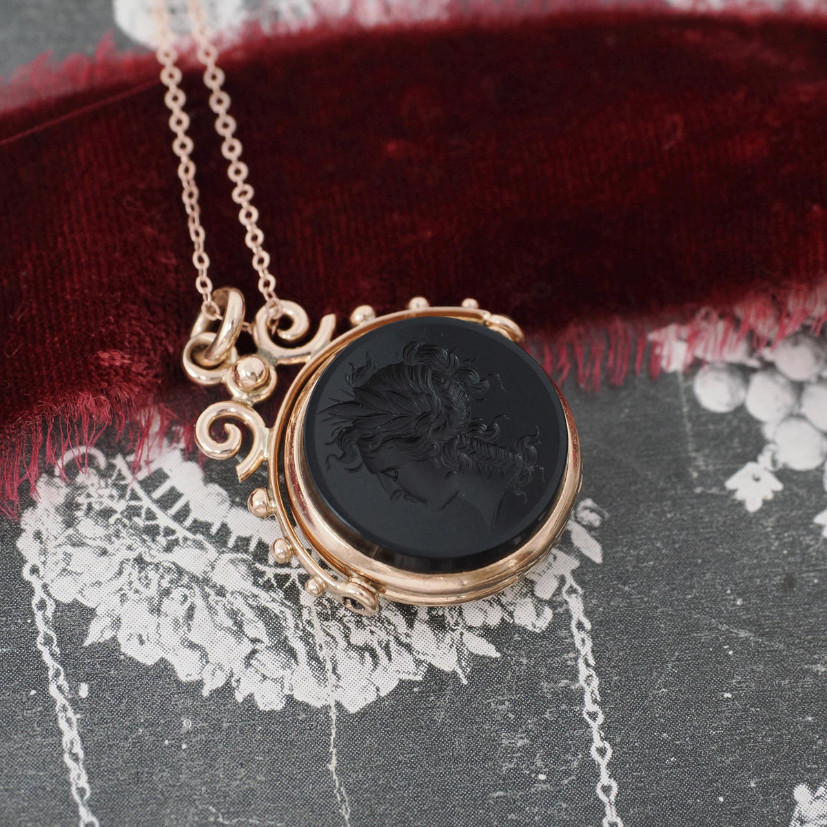 Antique Spinner Locket - Victorian 10k Rose Gold Black White Onyx Sard Carved Intaglio Fob Necklace - Circa 1890s Statement Fine Jewelry
