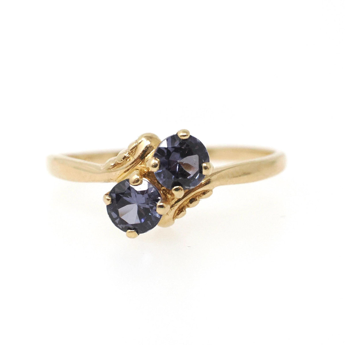 Vintage Bypass Ring - Mid Century 10k Yellow Gold Purple Created Spinel Triplet Gemstone - Circa 1950s Era Size 6.25 Toi Et Moi Fine Jewelry