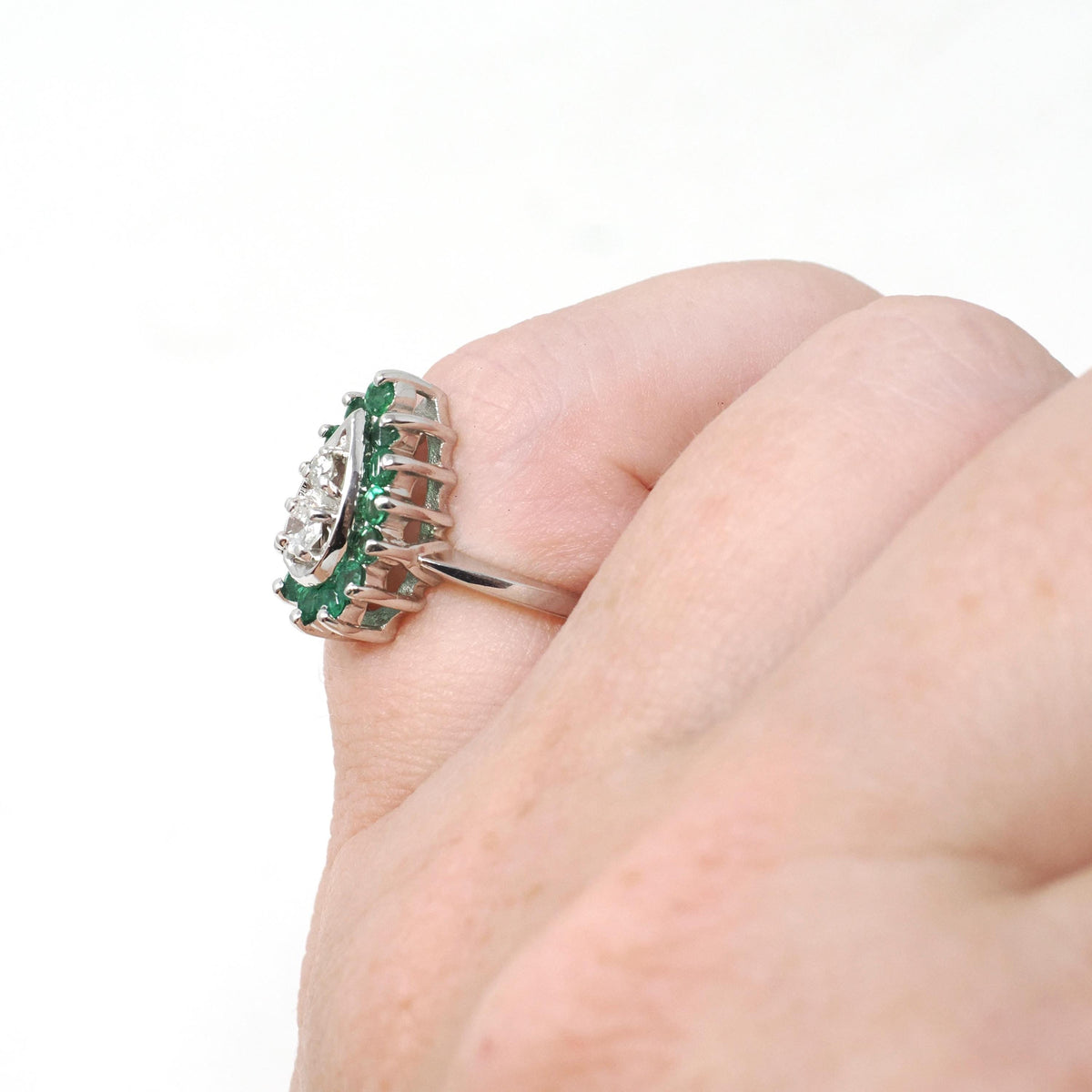 Vintage Halo Ring - Mid Century 14k White Gold Natural Emerald & Diamond Pear Halo - Circa 1940s Era Size 2 3/4 May Birthstone Fine Jewelry