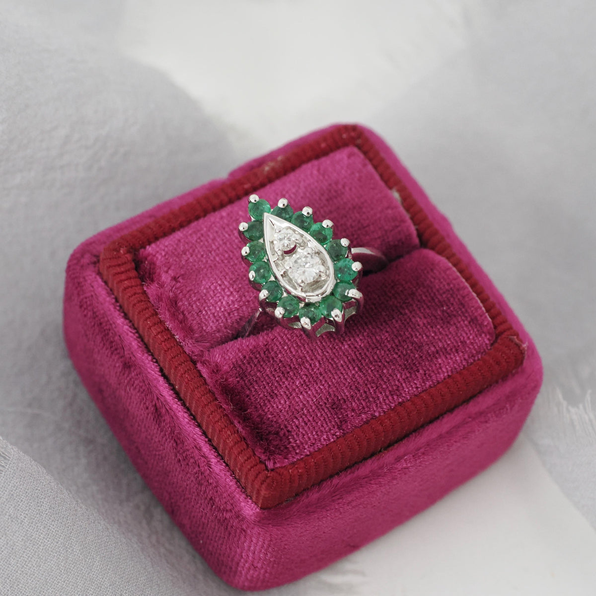 Vintage Halo Ring - Mid Century 14k White Gold Natural Emerald & Diamond Pear Halo - Circa 1940s Era Size 2 3/4 May Birthstone Fine Jewelry