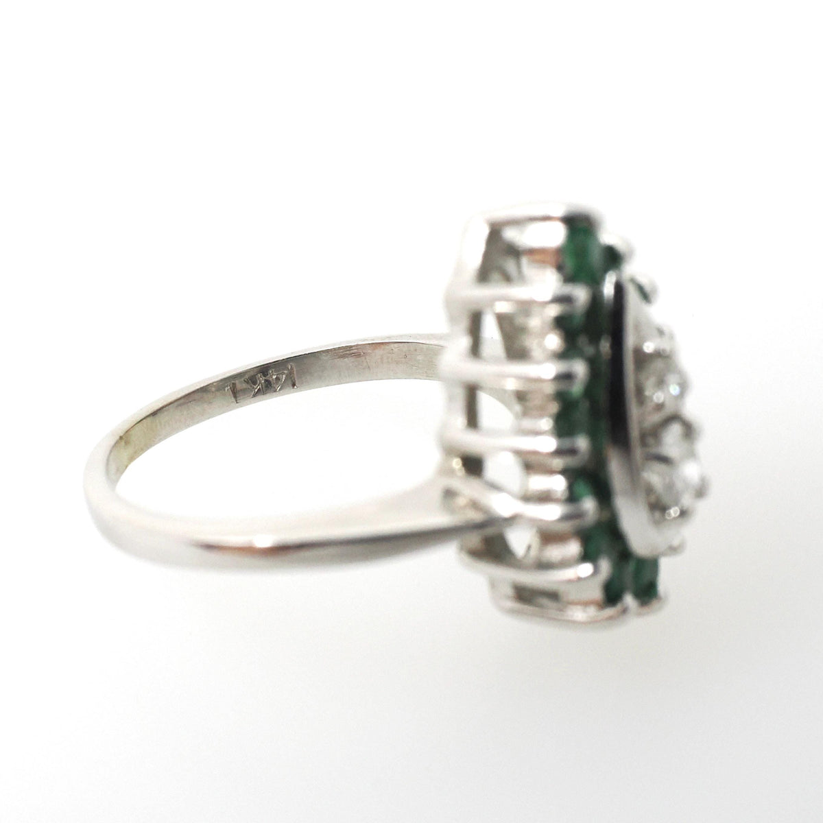 Vintage Halo Ring - Mid Century 14k White Gold Natural Emerald & Diamond Pear Halo - Circa 1940s Era Size 2 3/4 May Birthstone Fine Jewelry