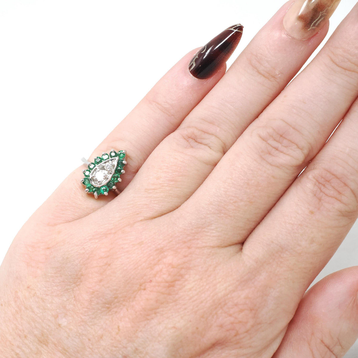 Vintage Halo Ring - Mid Century 14k White Gold Natural Emerald & Diamond Pear Halo - Circa 1940s Era Size 2 3/4 May Birthstone Fine Jewelry