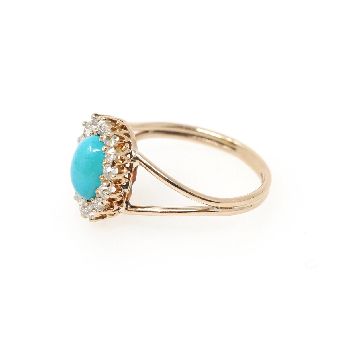 Victorian Turquoise Ring - Antique 14k Rosy Yellow Gold Natural Diamond Halo - Size 6 1/2 Circa 1890s Era Fine December Birthstone Jewelry