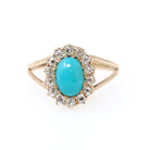 Victorian Turquoise Ring - Antique 14k Rosy Yellow Gold Natural Diamond Halo - Size 6 1/2 Circa 1890s Era Fine December Birthstone Jewelry