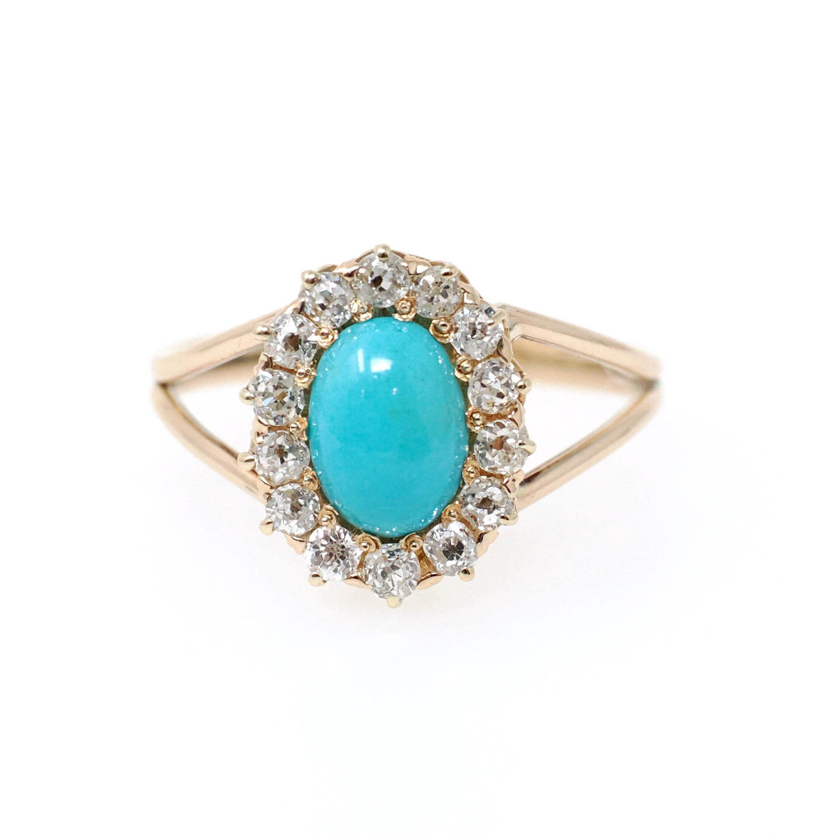 Victorian Turquoise Ring - Antique 14k Rosy Yellow Gold Natural Diamond Halo - Size 6 1/2 Circa 1890s Era Fine December Birthstone Jewelry
