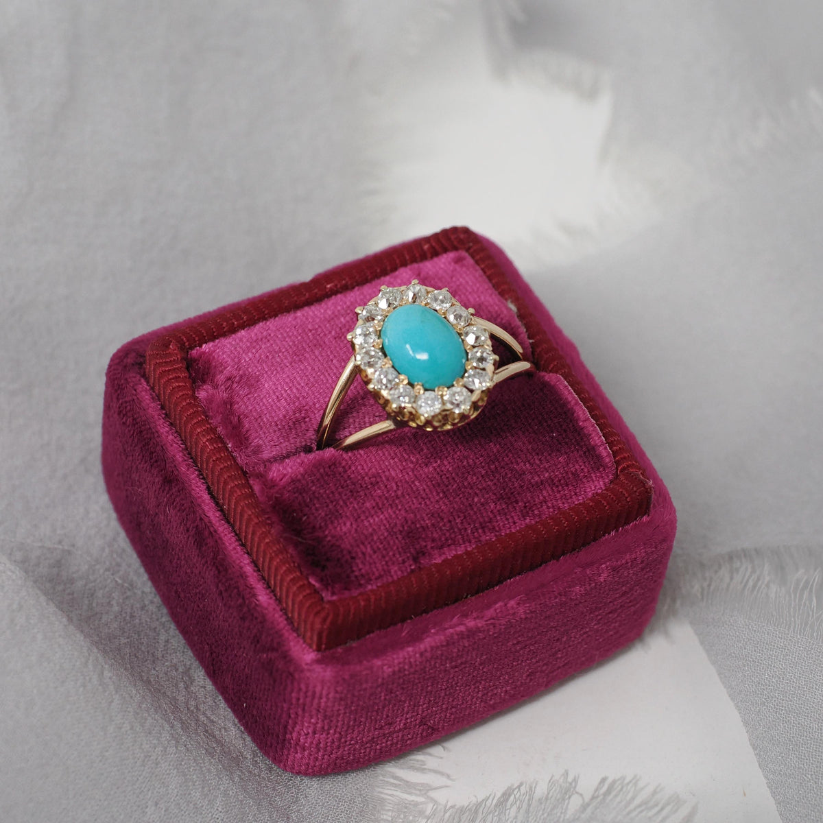 Victorian Turquoise Ring - Antique 14k Rosy Yellow Gold Natural Diamond Halo - Size 6 1/2 Circa 1890s Era Fine December Birthstone Jewelry