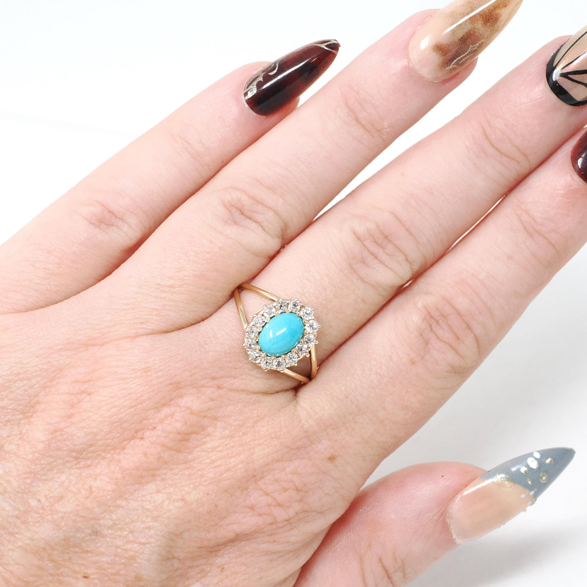 Victorian Turquoise Ring - Antique 14k Rosy Yellow Gold Natural Diamond Halo - Size 6 1/2 Circa 1890s Era Fine December Birthstone Jewelry