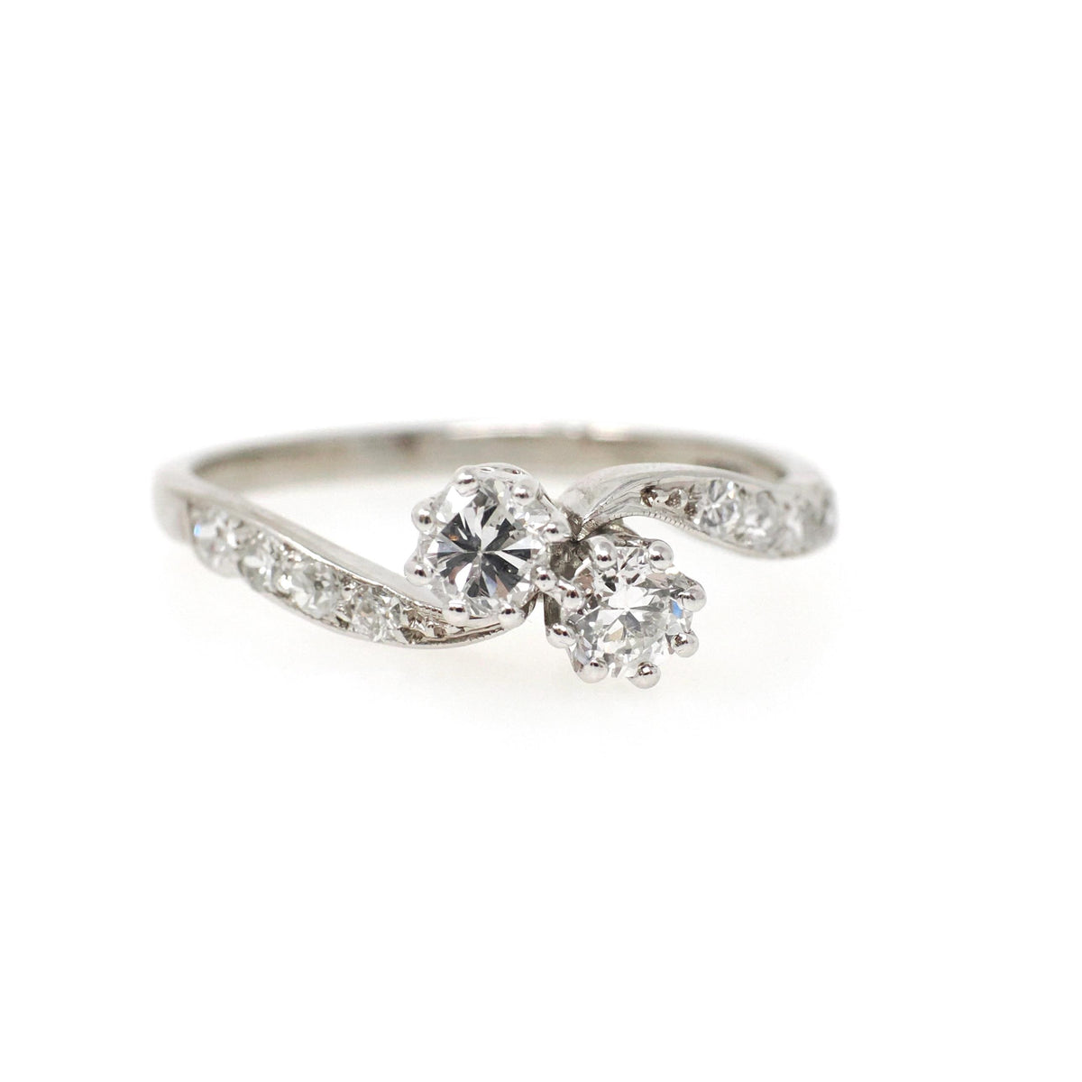 Toi Et Moi Ring - Antique 18k White Gold .56 CTW Art Deco Diamond Bypass Band - Vintage Circa 1920s Size 7 Fine Bridal Engagement Jewelry