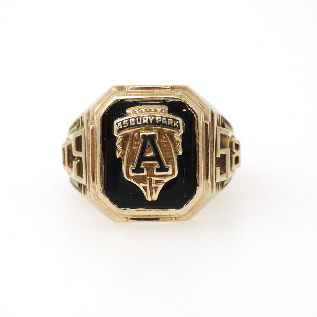 Asbury Park High School Ring - Mid Century Era 10k Yellow Gold Black Chalcedony Onyx Signet - Circa 1958 Size 6.75 EDL Initials Fine Jewelry